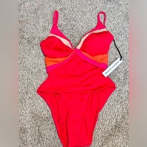 One Piece Swimsuit Pink and Orange Robin Piccone Hi Cut Cheeky Plunge 3425 Tags